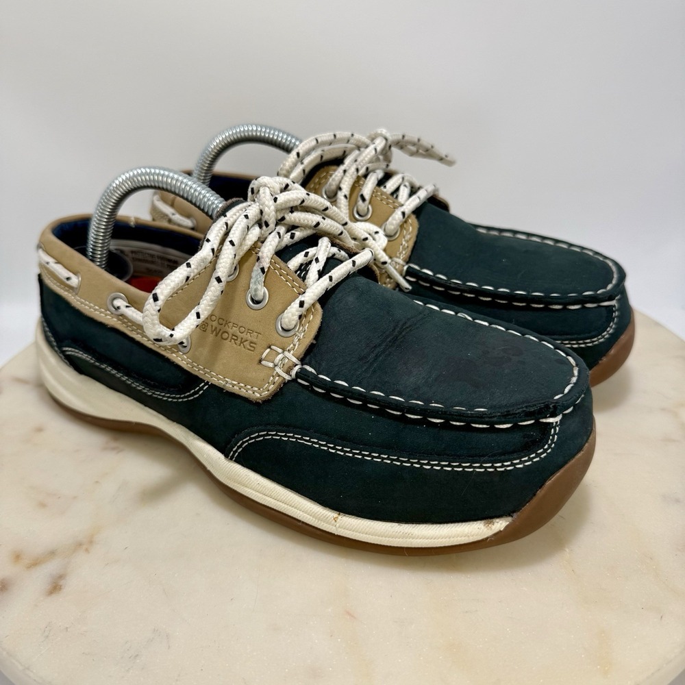 Rockport Works Boat Shoes Women's Navy Tan Leather Sailing Steel Toe 3-Eye Sz 7M